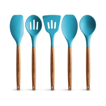 5 Piece Silicone Utensils Set with Authentic Acacia Wood Handles