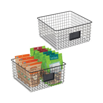 Square Steel Kitchen Organizer Basket - Label Slot, 2 Pack, Matte Black