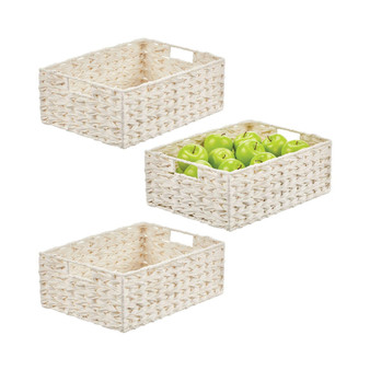 Woven Farmhouse Kitchen Pantry Food Storage Basket Box, Large - 3 Pack, White