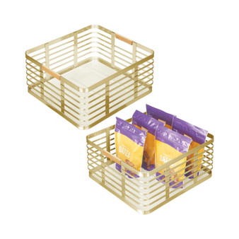 Metal Rustic Large Food Storage Bin Basket - 2 Pack - Soft Brass/Natural