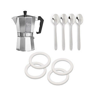 Stovetop Espresso Coffee Maker (Brews 6-Servings) with 4 Demi Spoons and 4 Exact Replacement Silicone Gaskets
