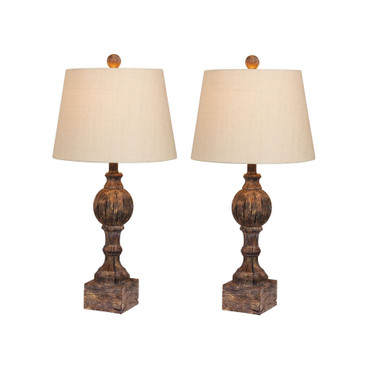 Distressed Sculpted Column Resin Table Lamps, Set of 2