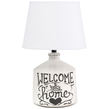 Simple Designs Welcome Home Rustic Ceramic Farmhouse Foyer Entryway Accent Table Lamp with Fabric Shade