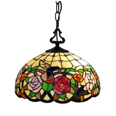 Tiffany Style 2-Light Hummingbirds Floral Hanging Lamp