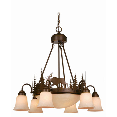 Yellowstone 9 Light Rustic Moose Amber Glass Chandelier