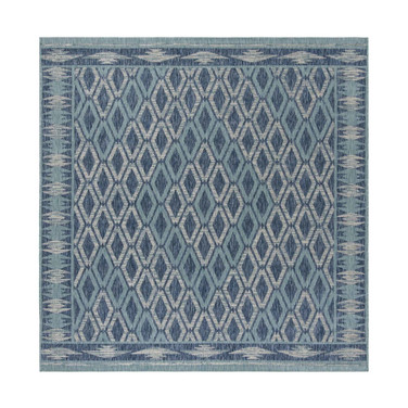 Courtyard Navy and Aqua 6'7" x 6'7" Square Outdoor Area Rug