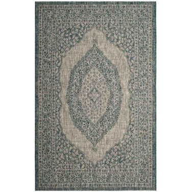 Courtyard Light Gray and Teal 6'7" x 6'7" Sisal Weave Square Outdoor Area Rug