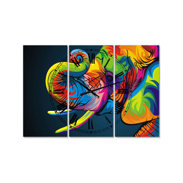 the Happy Rainbow Elephant Large Modern 3 Panels Wall Clock - 23" x 23" x 1"