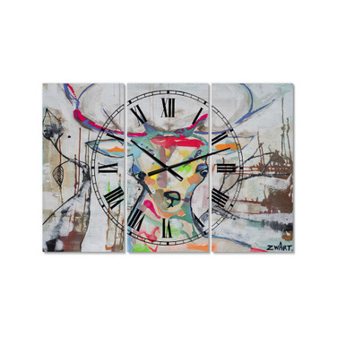 Colorful Deer II Oversized Cottage 3 Panels Wall Clock - 38" x 38" x 1"