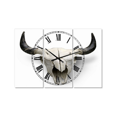 White Cow Skull with Black Horns Oversized Farmhouse 3 Panels Wall Clock - 38" x 38" x 1"