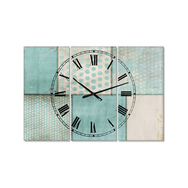 Teal Print Collage Large Mid-Century 3 Panels Wall Clock - 23" x 23" x 1"