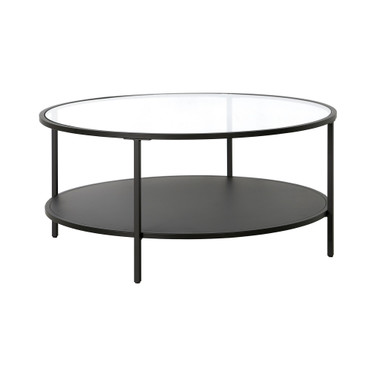 Sivil 36" Wide Round Coffee Table with Glass Top and Metal Shelf