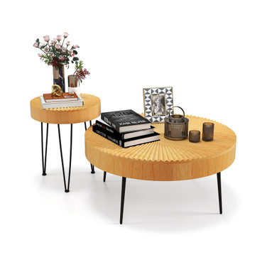 Farmhouse Round Coffee Table Set of 2 End Table Natural Finish for Living Room
