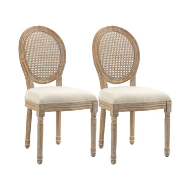 2pc French-Style Rattan Backrest Upholstered Dining Accent Chairs, White