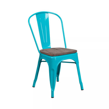 Calumet Metal Stacking Chair With Curved, Slatted Back And Rustic Wood Seat