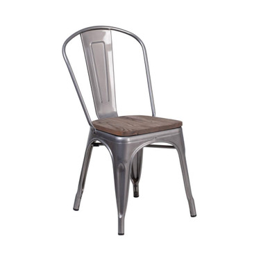 Stackable Metal Vertical Slat Back Dining Chair With Textured Wood Seat