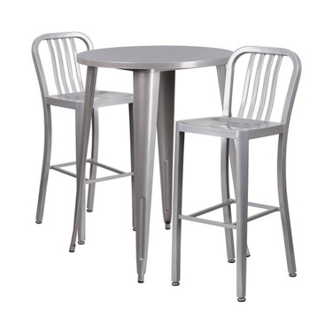 30" Round Silver Metal Bar Table Set with 2 Stools