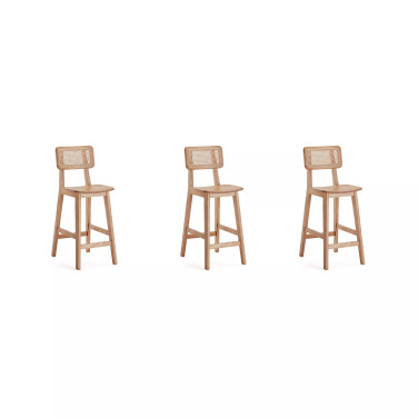 Versailles 3-Piece Ash Wood and Natural Cane Counter Height Bar Stool