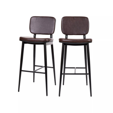 Kenzie Commercial Grade Mid-Back Barstools - LeatherSoft Upholstery - Black Iron Frame with Integrated Footrest - Set of 2