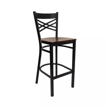 Black ''X'' Back Metal Restaurant Bar Stool with Wood Seat