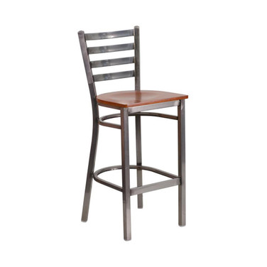Clear Coated Ladder Back Metal Restaurant Barstool - Cherry Wood Seat
