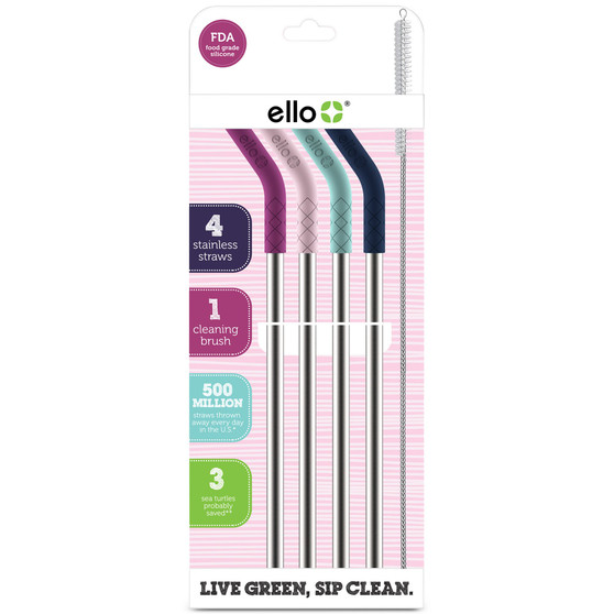 Silicone-Tipped Reusable Stainless Steel Straw 4-pk. plus Wire Brush
