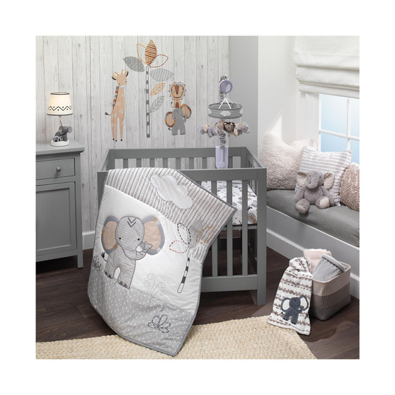 Jungle Safari Elephant 3-Piece Mini Crib Bedding Set - Gray/White