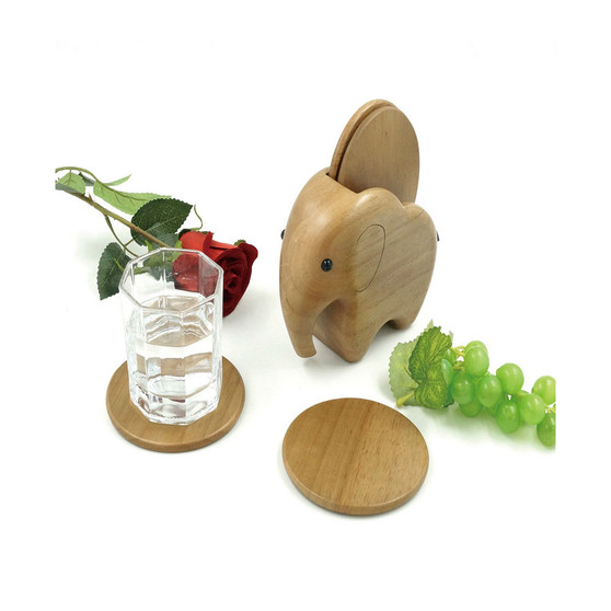 Rubber Wood Elephant Wooden Coaster Holder Set, 5 Piece