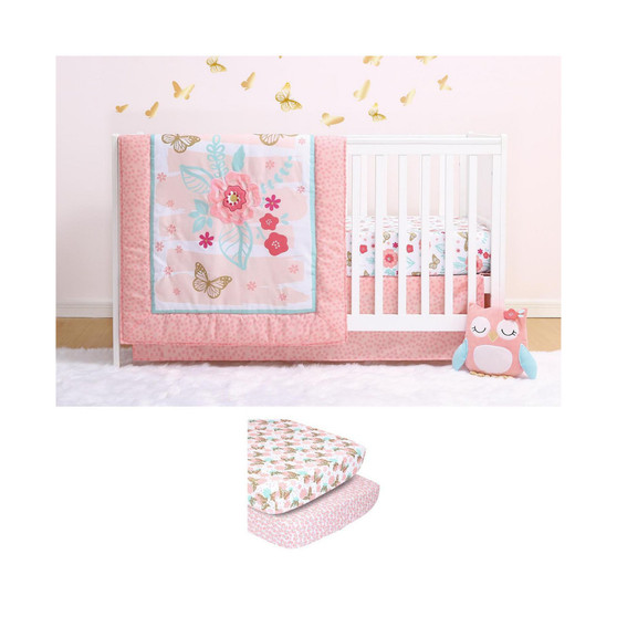 Aflutter 5 Piece Baby Nursery Crib Bedding Set, Quilt, Crib Sheets, Crib Skirt