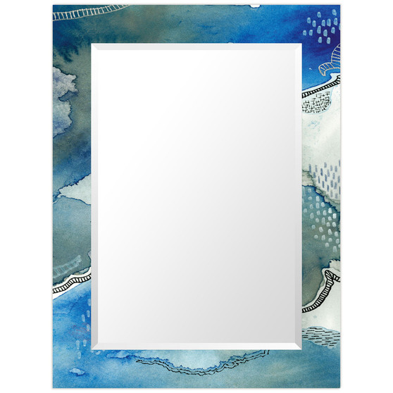 'Subtle Blues' Rectangular On Free Floating Printed Tempered Art Glass Beveled Mirror, 40" x 30"