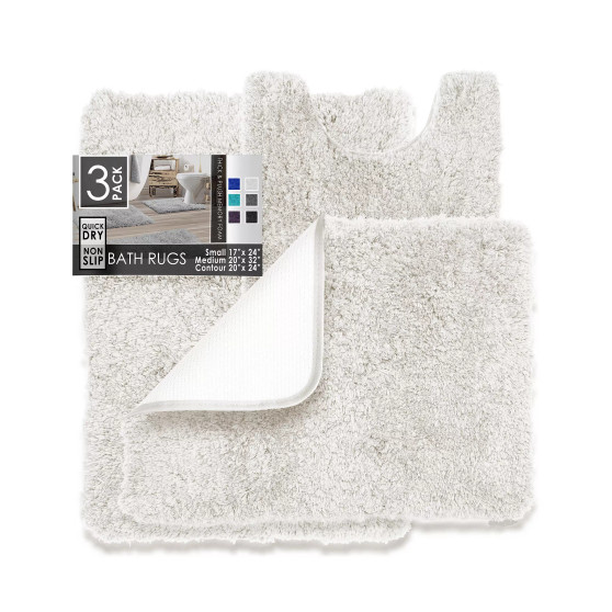 3 Piece Ultra Soft Non Slip Shaggy Bath Rug - Small, Medium & Contour