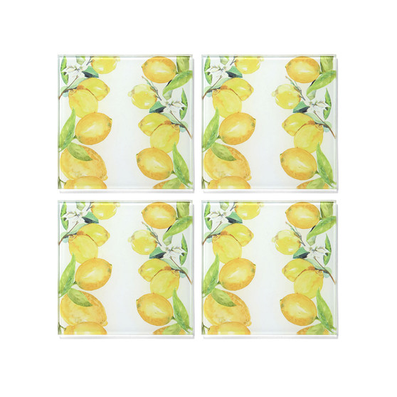 4 X 4" Lemon Branches Glass Coasters Set, 4 Piece