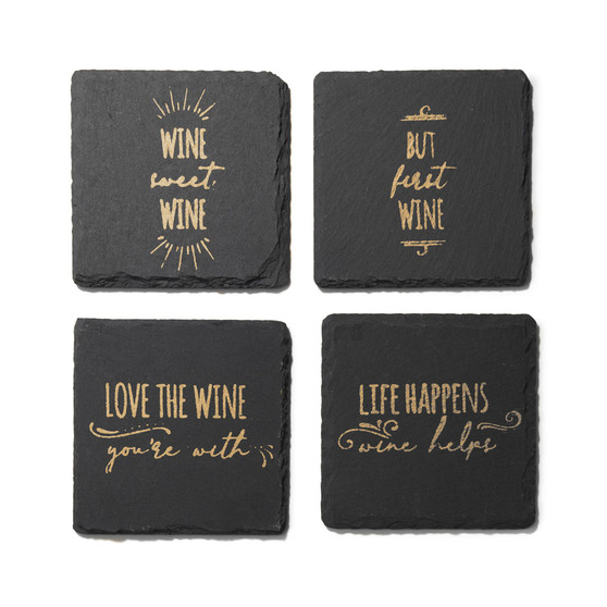 4 X 4" Life Happens-wine Helps Slate Coasters Square Set, 4 Piece
