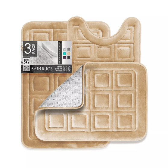 3 Piece Ultra Soft Non-Slip Plush Memory Foam Bath Rug Set - Small, Large & Contour - Waffle Design