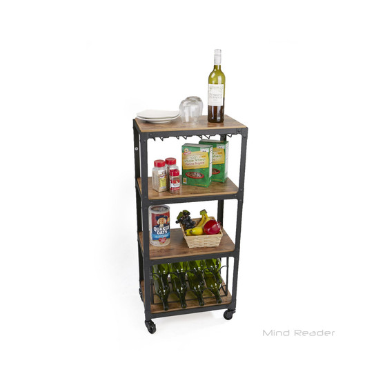 4 Tier Wood and Metal Cart with Wine Rack
