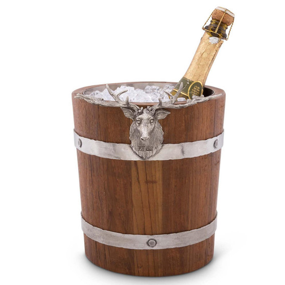 Teak Wood Vintage-Inspired Pail Ice, Wine, Champagne Bucket with Pewter Elk Head Accent