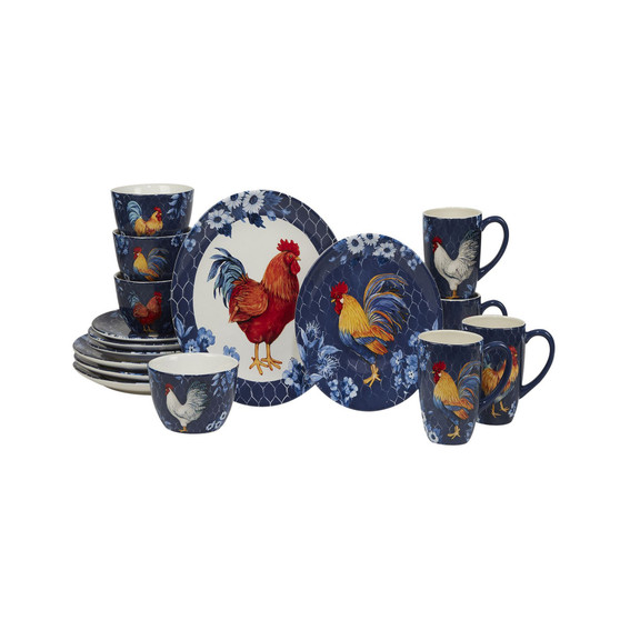 Indigo Rooster 16 Piece Dinnerware Set
