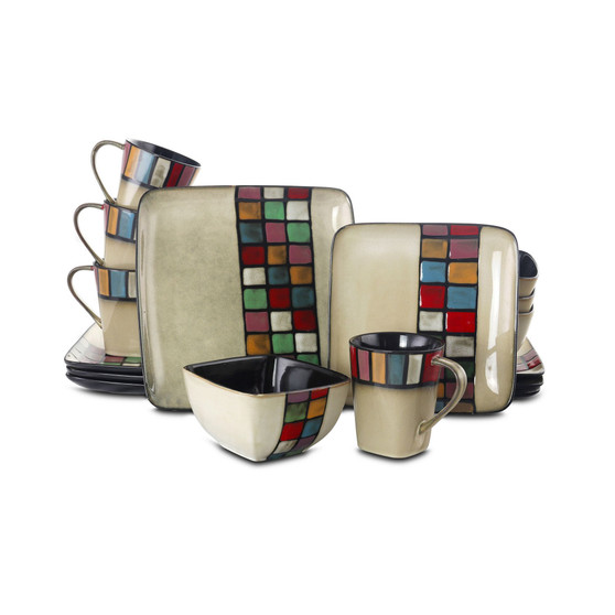 Grace 16 Piece Multicolored Square Stoneware Dinnerware Set, Service for 4
