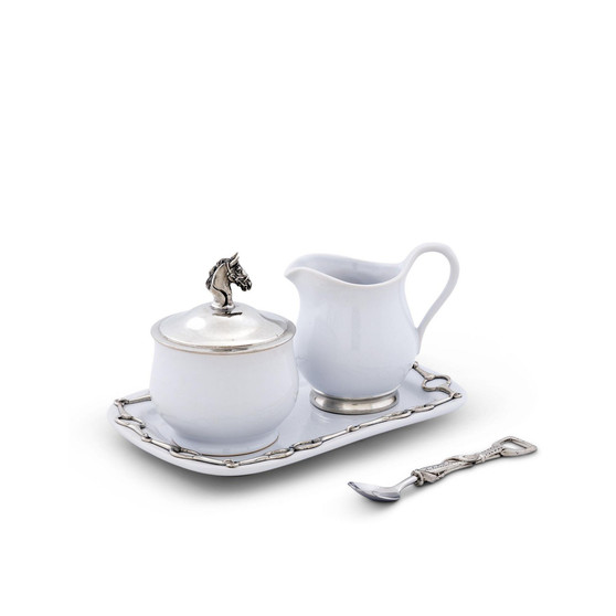 Stoneware Sugar and Creamer Set "Equestrian" with Tray and Solid Pewter Accents