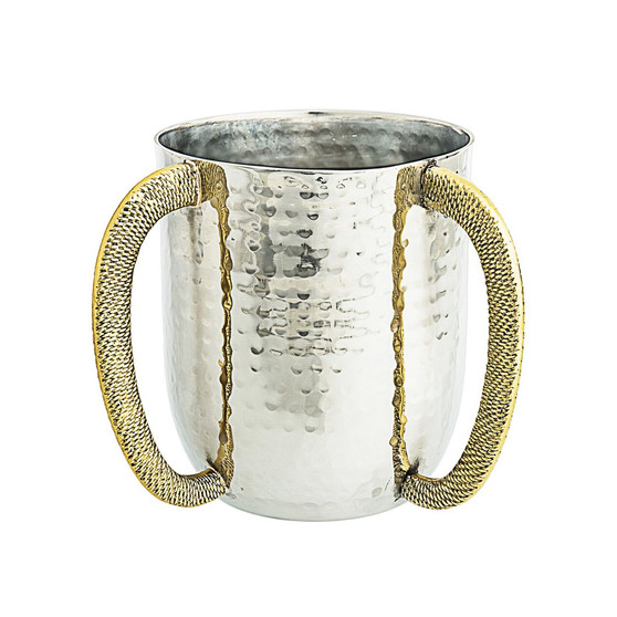 Clasic Touch Stainless Steel Hammered Wash Cup with Gold Embossed Handles
