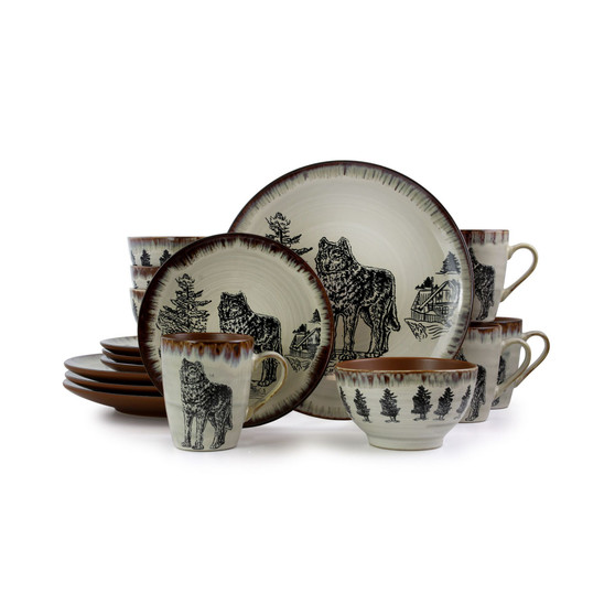 Majestic Wolf 16 Piece Luxurious Stoneware Dinnerware Set