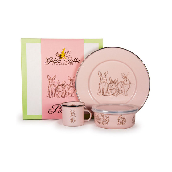 Pink Bunnies Enamelware Collection 3 Piece Kids Dinner Set