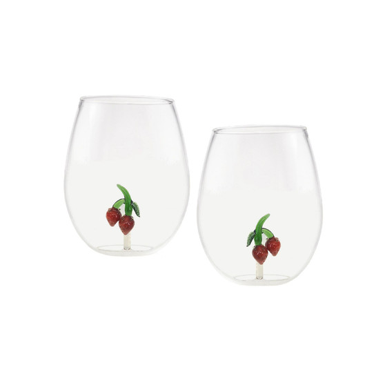 Strawberry 22 oz Stemless Wine Glasses, Set of 2
