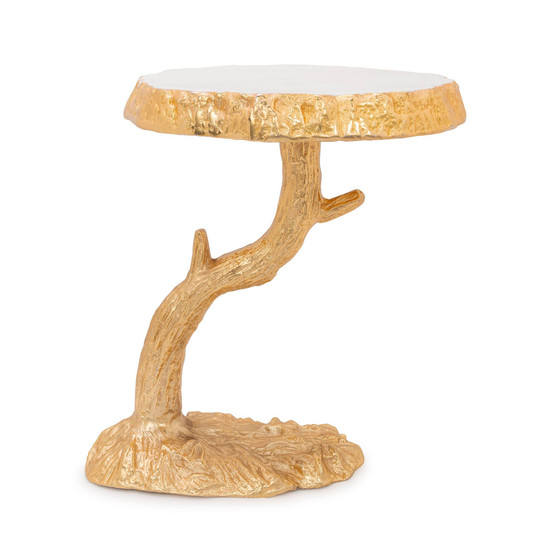 10.5"L White Marble Gold Edged Cake Stand With Branch Base