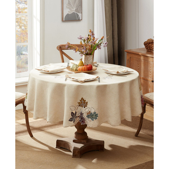 Happy Fall Leaves Cutwork Fabric Tablecloth 70 Round