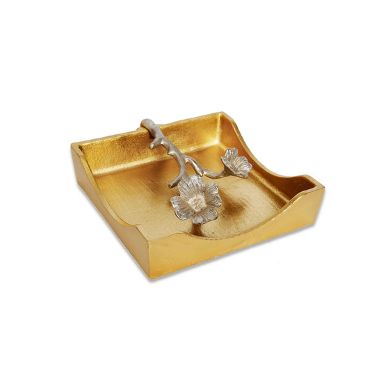7"D Gold Square Napkin Holder With Silver Leaf Design