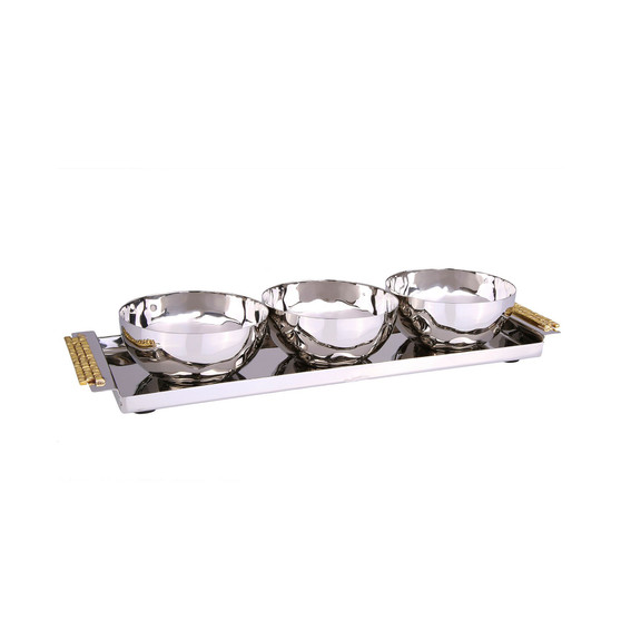 3 Bowl Relish Dishes with 12" Rectangular Tray and Mosaic Handles