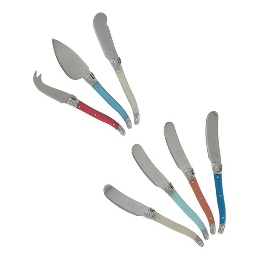 Laguiole Coral and Turquoise Cheese Knife and Spreader Set, 7 Piece