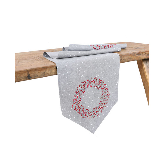 Holly Berry Wreath Embroidered Christmas Table Runner