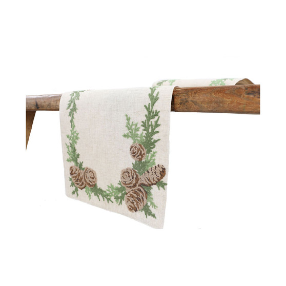 Winter Pine Cones and Branches Crewel Embroidered Table Runner